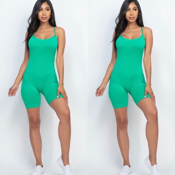 New Trendy Women’s Kelly Green Spaghetti Strap Cross Back Bodycon Romper - Picture 2 of 7